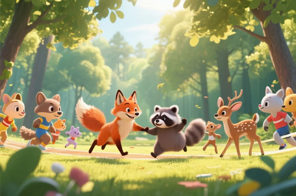 动物们在森林中和谐地进行比赛，展现自然之美和运动活力