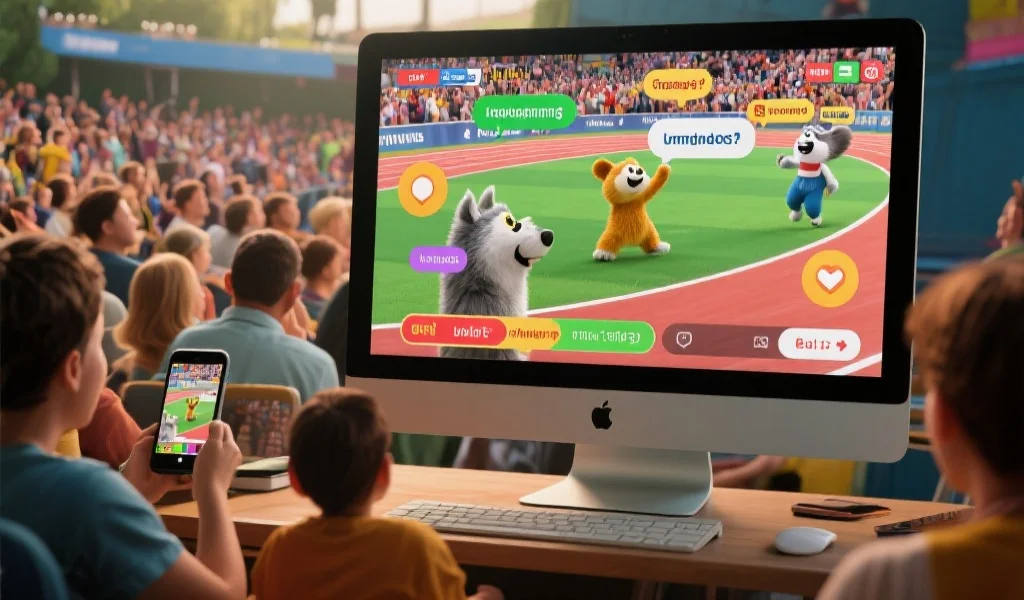 观众在电脑和手机屏幕上观看动物运动会直播，屏幕中有弹幕和互动图标，场面热闹