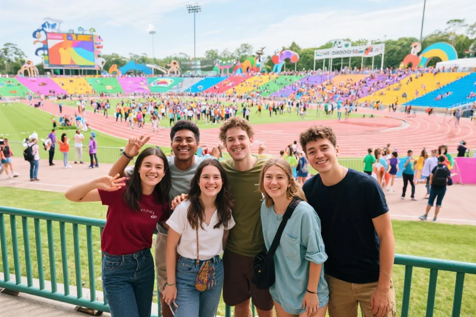 一群朋友在动物运动会场外合影留念，背景是五彩斑斓的赛场和欢快的人群