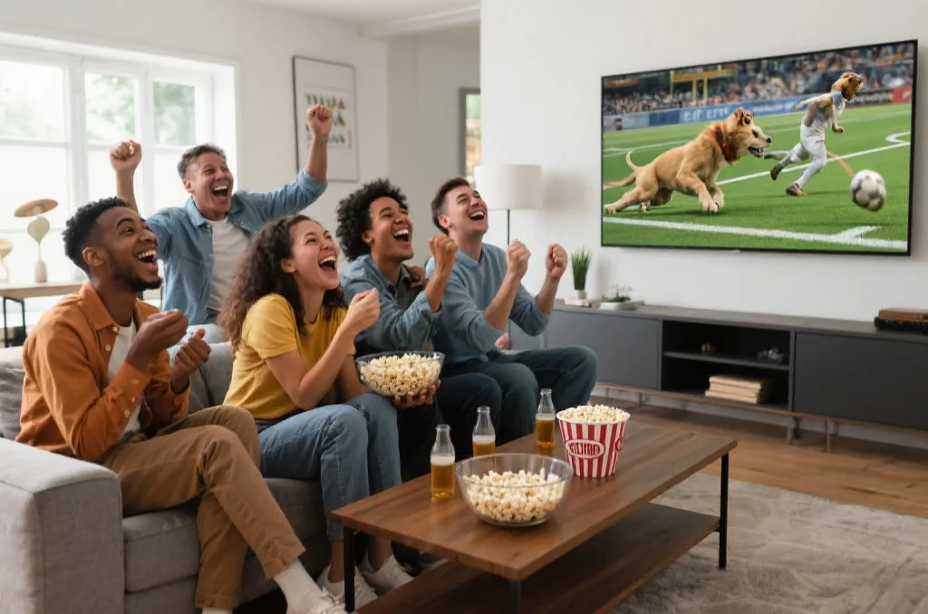 一群朋友聚在一起，热情地观看《动物运动会》比赛